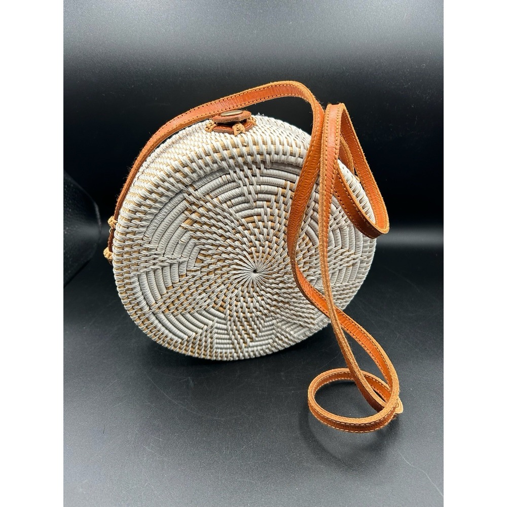 Round Rattan Wicker Purse Crossbody Bag Tropical Boho White Woven Brown Bali
